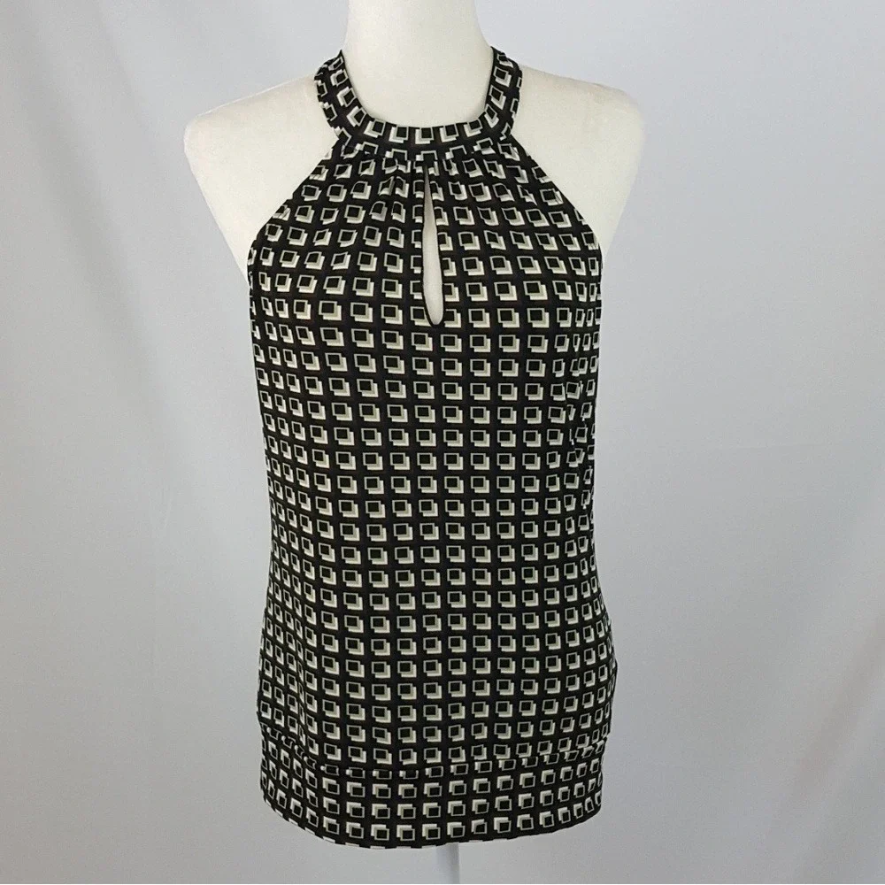 Tempted Y2K Geometric Print Halter Top Keyhole Open Back‎ Black Brown Green